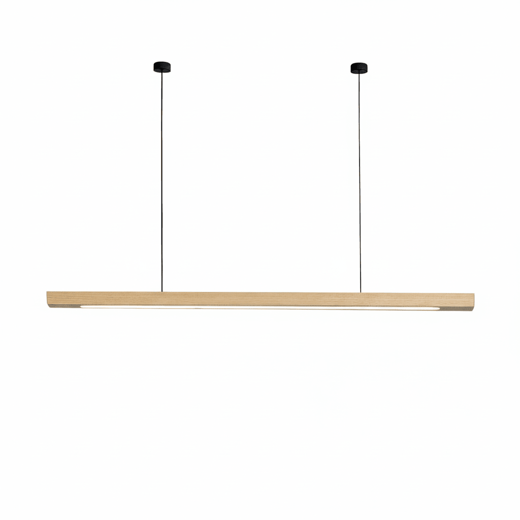 Modern Wood Linear Pendant Light Fixture – 36-Inch Rectangular Beam, Dual Adjustable Cables