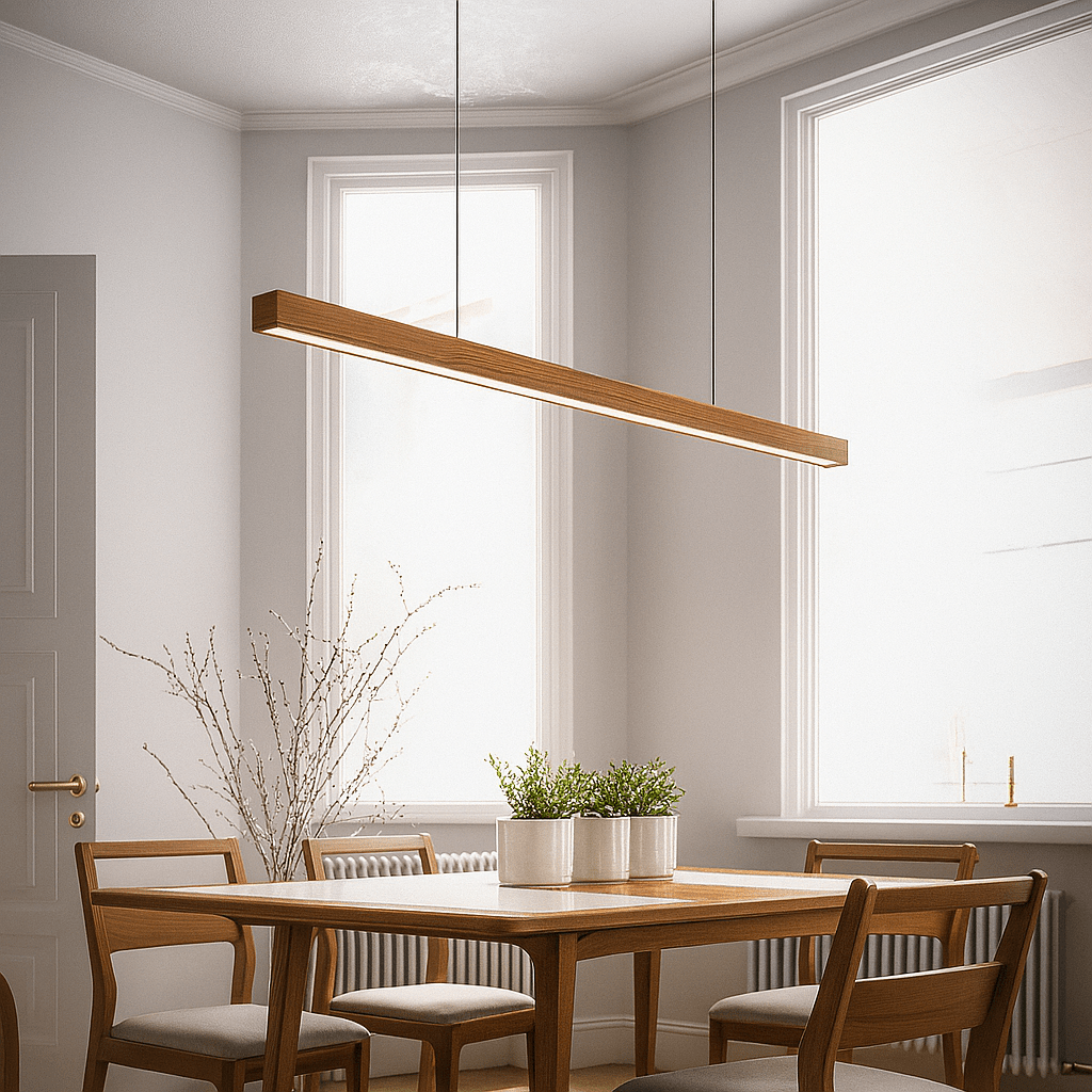 Modern Wood Linear Pendant Light Fixture – 36-Inch Rectangular Beam, Dual Adjustable Cables