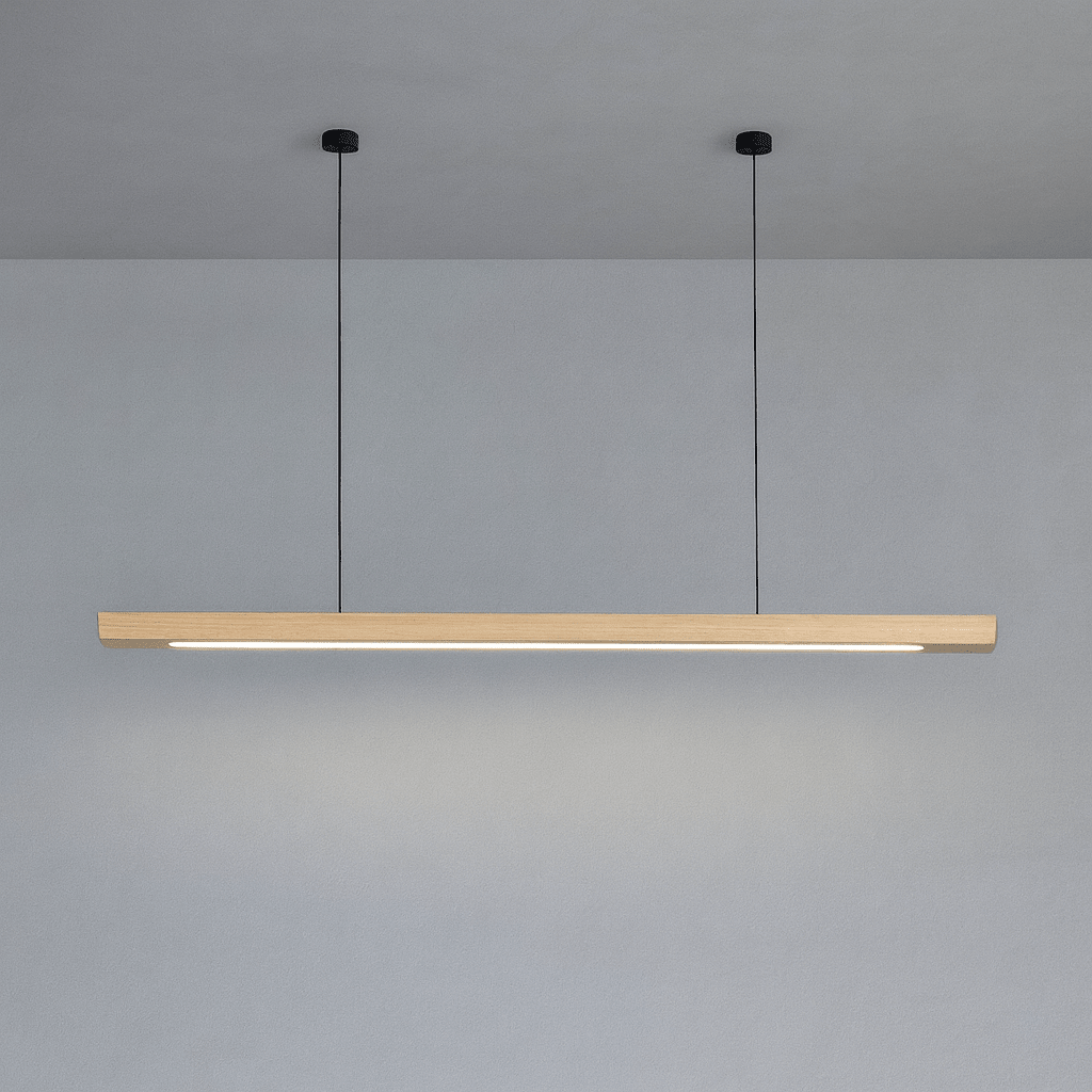 Modern Wood Linear Pendant Light Fixture – 36-Inch Rectangular Beam, Dual Adjustable Cables