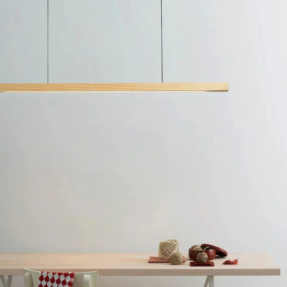 Modern Wood Linear Pendant Light Fixture – 36-Inch Rectangular Beam, Dual Adjustable Cables