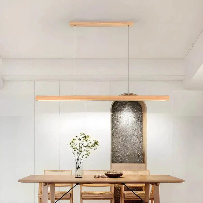 Modern Wood Linear Pendant Light Fixture – 36-Inch Rectangular Beam, Dual Adjustable Cables