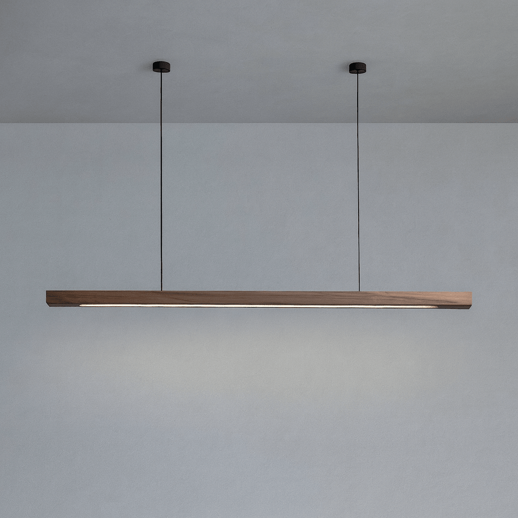 Modern Wood Linear Pendant Light Fixture – 36-Inch Rectangular Beam, Dual Adjustable Cables