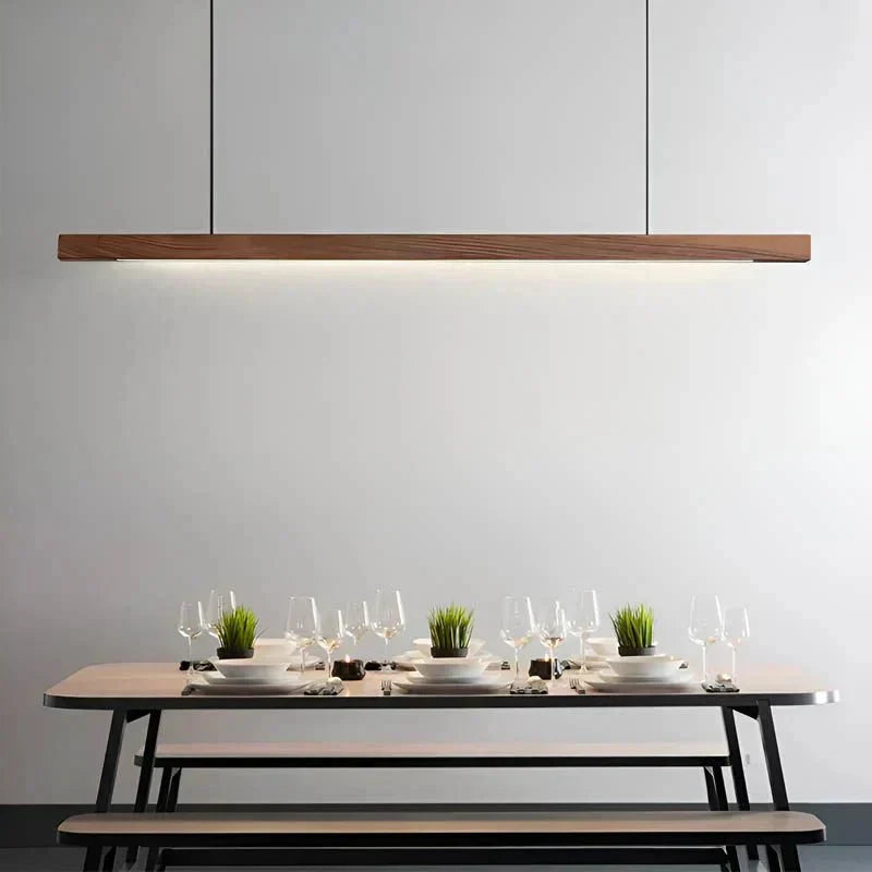 Modern Wood Linear Pendant Light Fixture – 36-Inch Rectangular Beam, Dual Adjustable Cables
