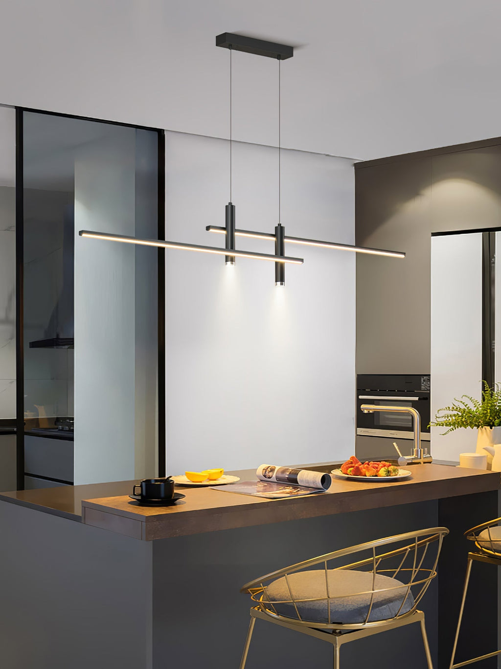 LED Island Pendant — 90/120/150cm, Dimmable, Black/Gold