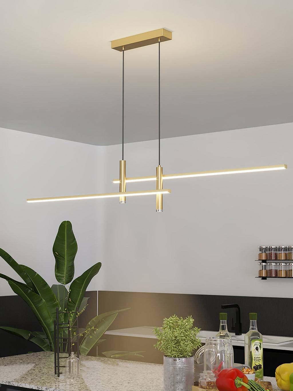 LED Island Pendant — 90/120/150cm, Dimmable, Black/Gold