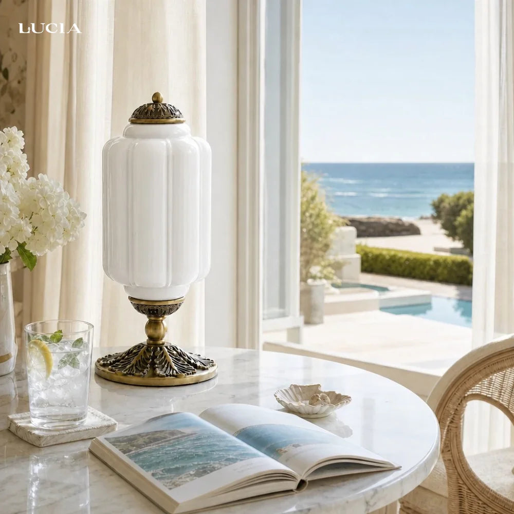 Retro Lamp — Cream-Colored Textured Glass, Brass/Black Frame
