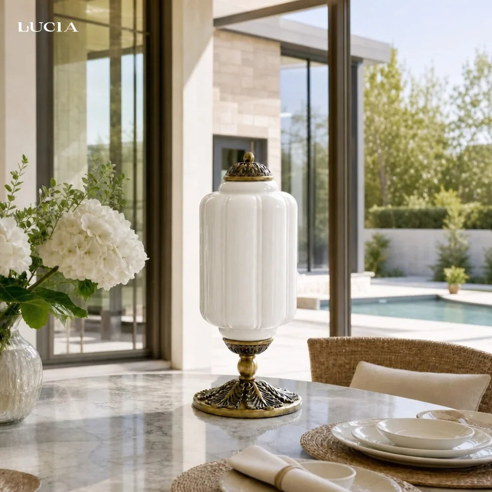 Retro Lamp — Cream-Colored Textured Glass, Brass/Black Frame