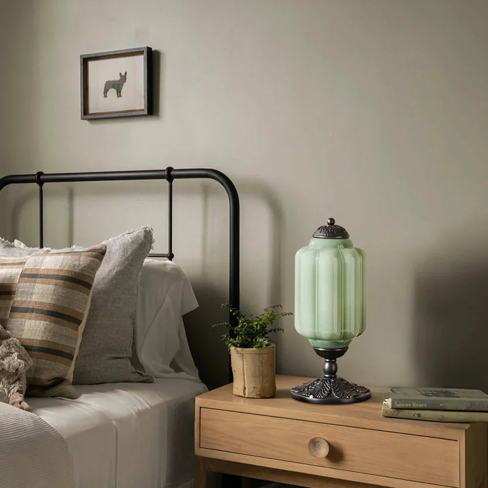 Retro Lamp — Cream-Colored Textured Glass, Brass/Black Frame