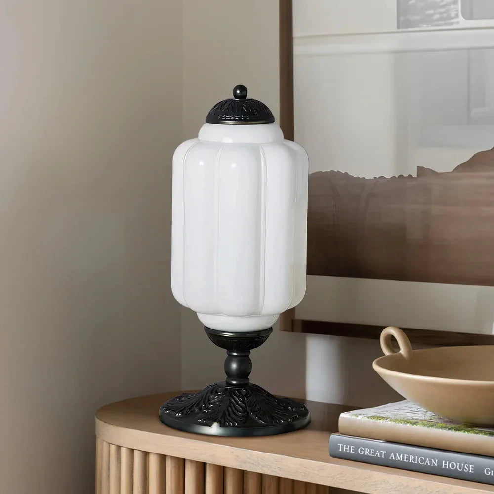 Retro Lamp — Cream-Colored Textured Glass, Brass/Black Frame