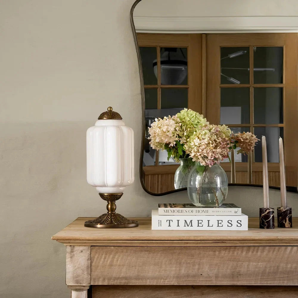 Retro Lamp — Cream-Colored Textured Glass, Brass/Black Frame