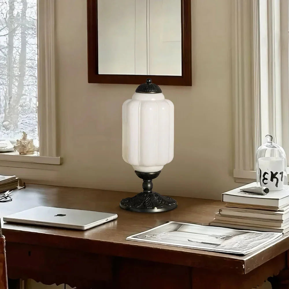 Retro Lamp — Cream-Colored Textured Glass, Brass/Black Frame