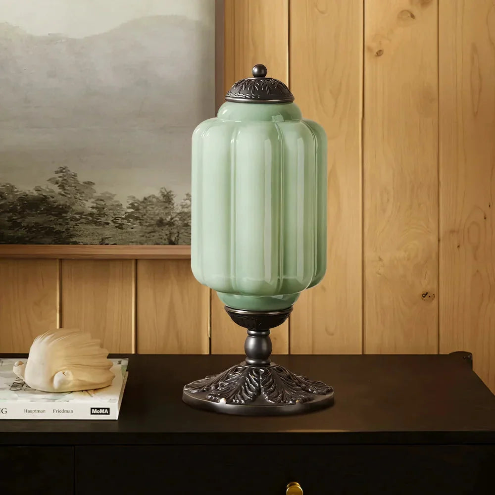 Retro Lamp — Cream-Colored Textured Glass, Brass/Black Frame