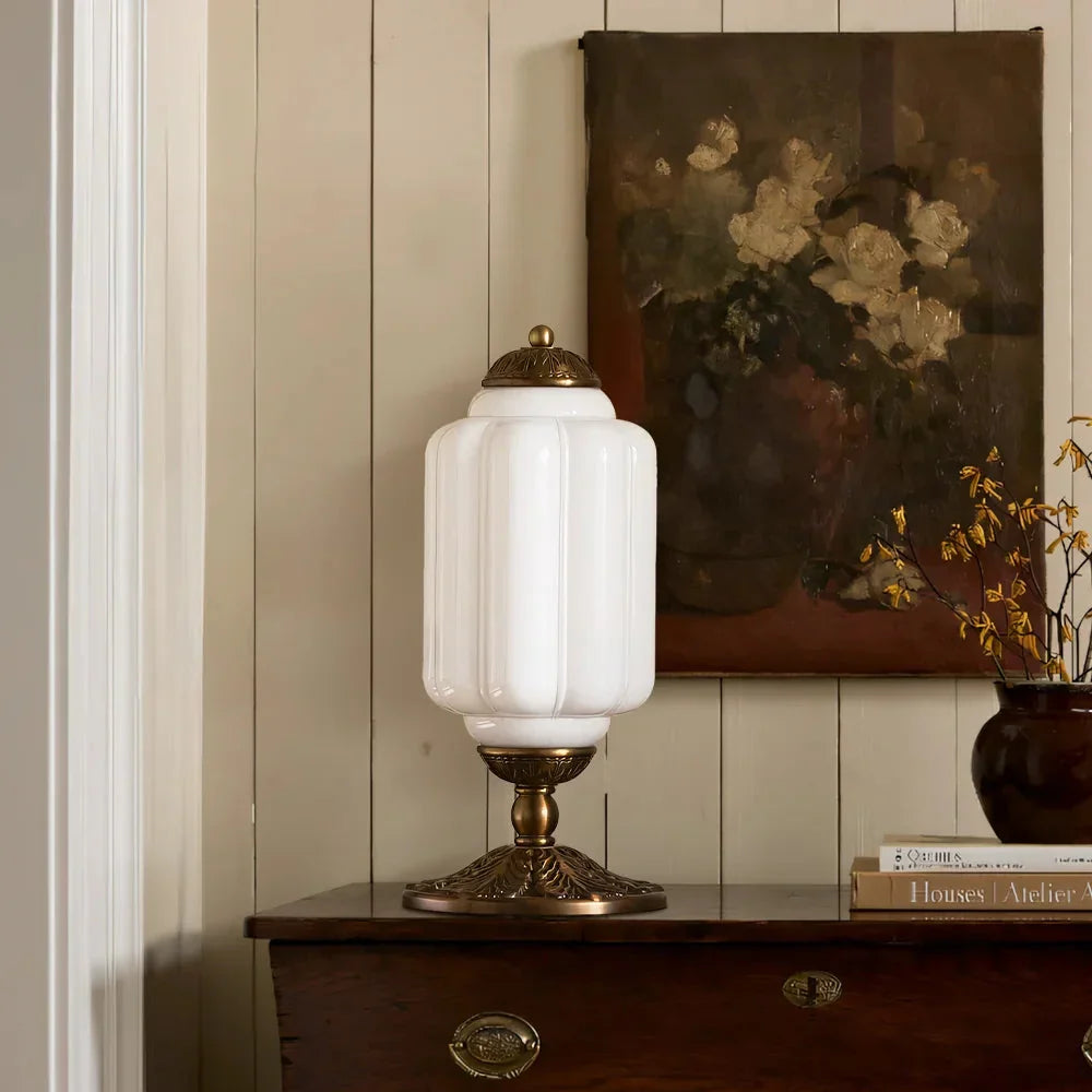 Retro Lamp — Cream-Colored Textured Glass, Brass/Black Frame