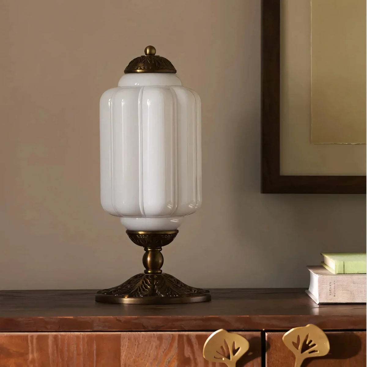 Retro Lamp — Cream-Colored Textured Glass, Brass/Black Frame