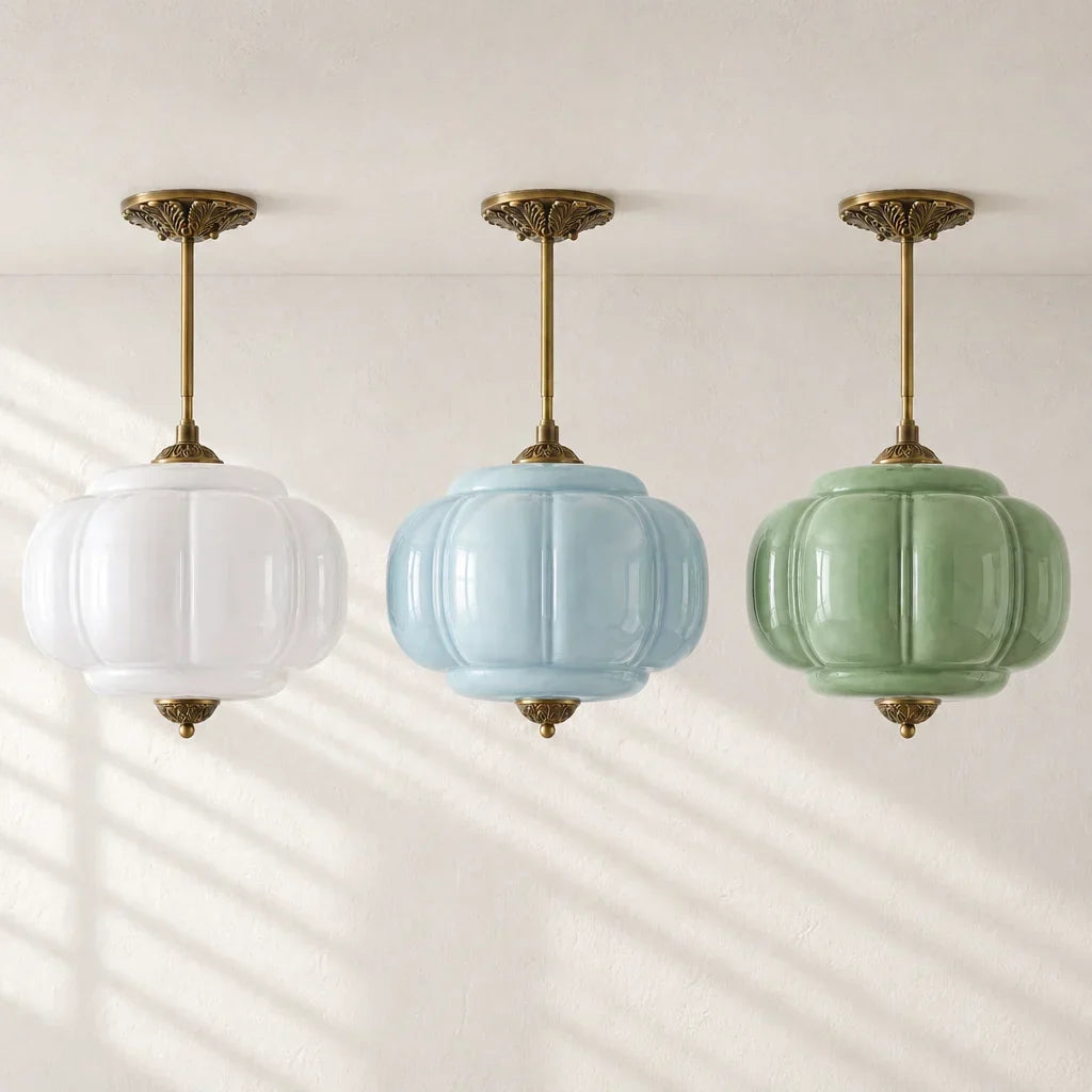 Antique Brass Ceiling Lamp – Green Glass Pumpkin Pendant