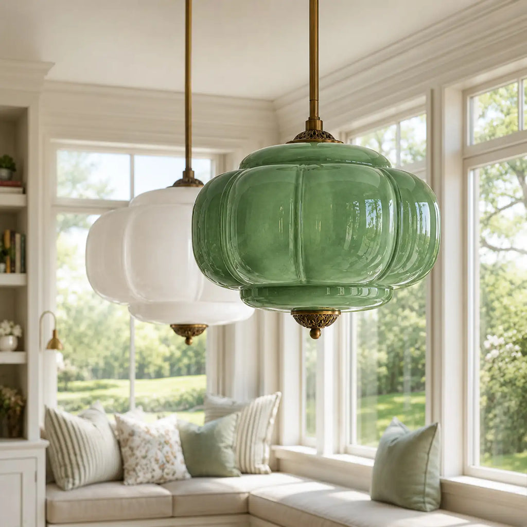 Antique Brass Ceiling Lamp – Green Glass Pumpkin Pendant