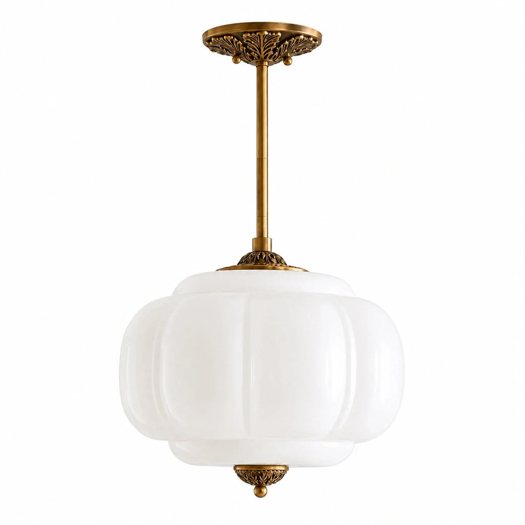 Antique Brass Ceiling Lamp – Green Glass Pumpkin Pendant