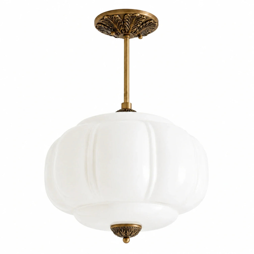 Antique Brass Ceiling Lamp – Green Glass Pumpkin Pendant