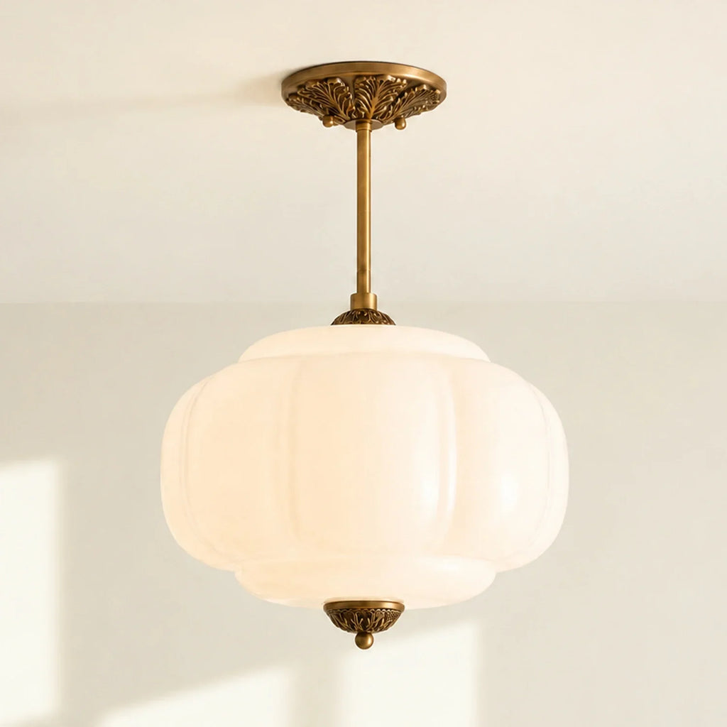 Antique Brass Ceiling Lamp – Green Glass Pumpkin Pendant