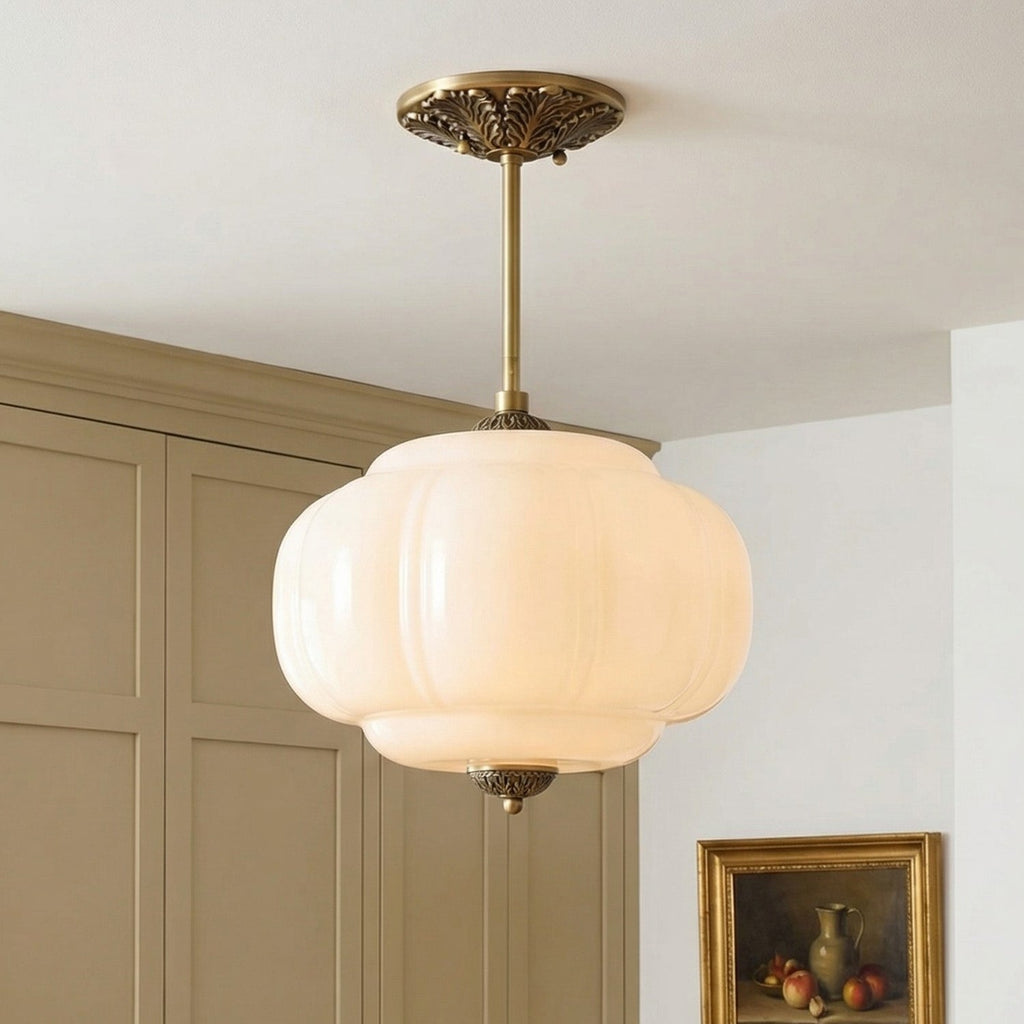 Antique Brass Ceiling Lamp – Green Glass Pumpkin Pendant