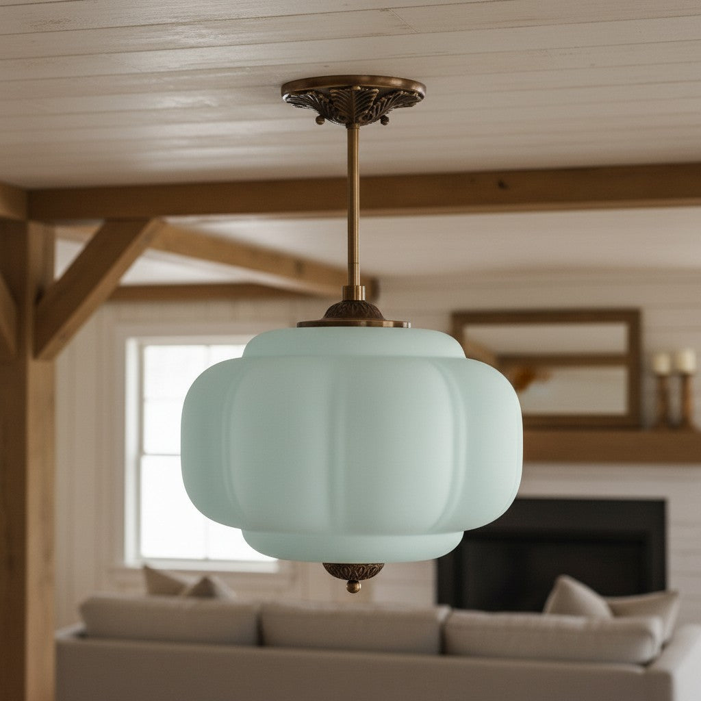 Antique Brass Ceiling Lamp – Green Glass Pumpkin Pendant