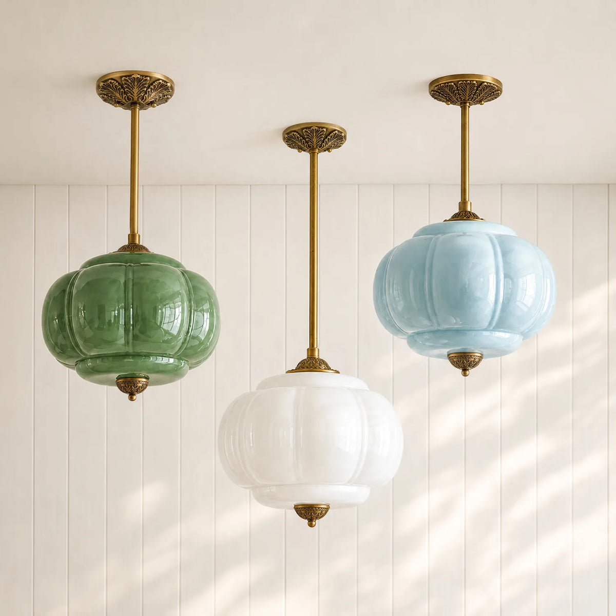 Antique Brass Ceiling Lamp – Green Glass Pumpkin Pendant
