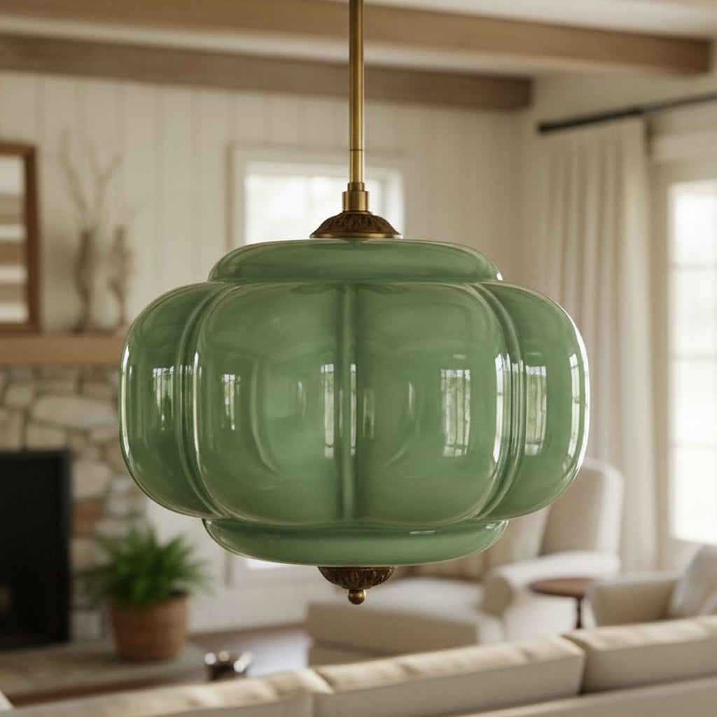 Antique Brass Ceiling Lamp – Green Glass Pumpkin Pendant