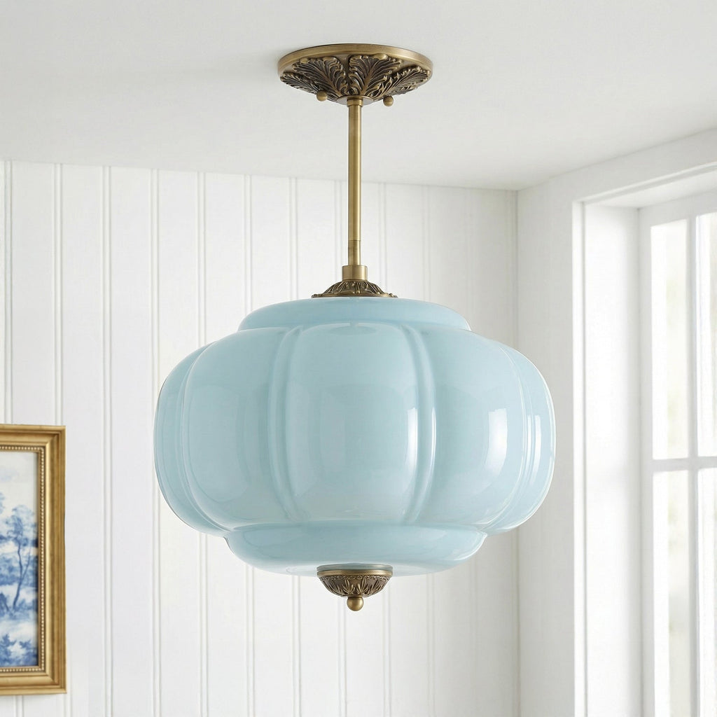 Antique Brass Ceiling Lamp – Green Glass Pumpkin Pendant