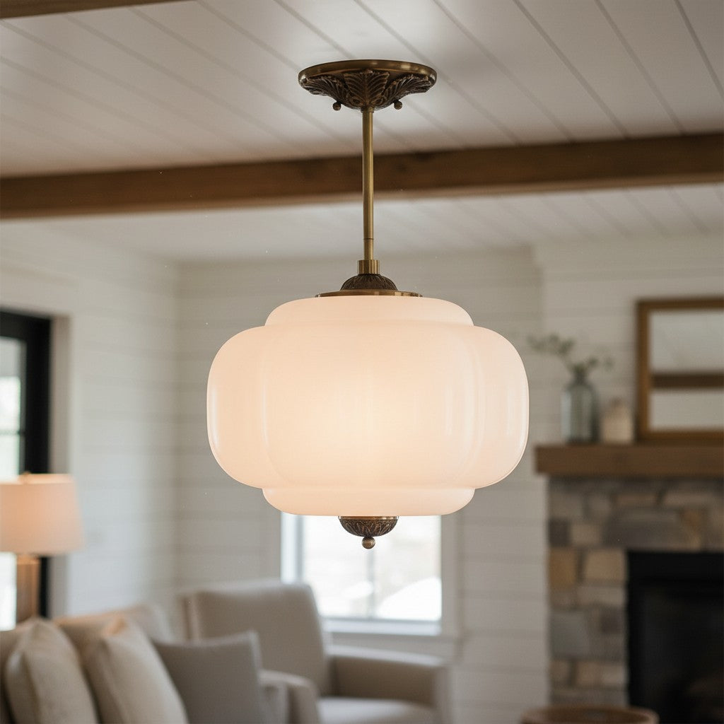 Antique Brass Ceiling Lamp – Green Glass Pumpkin Pendant