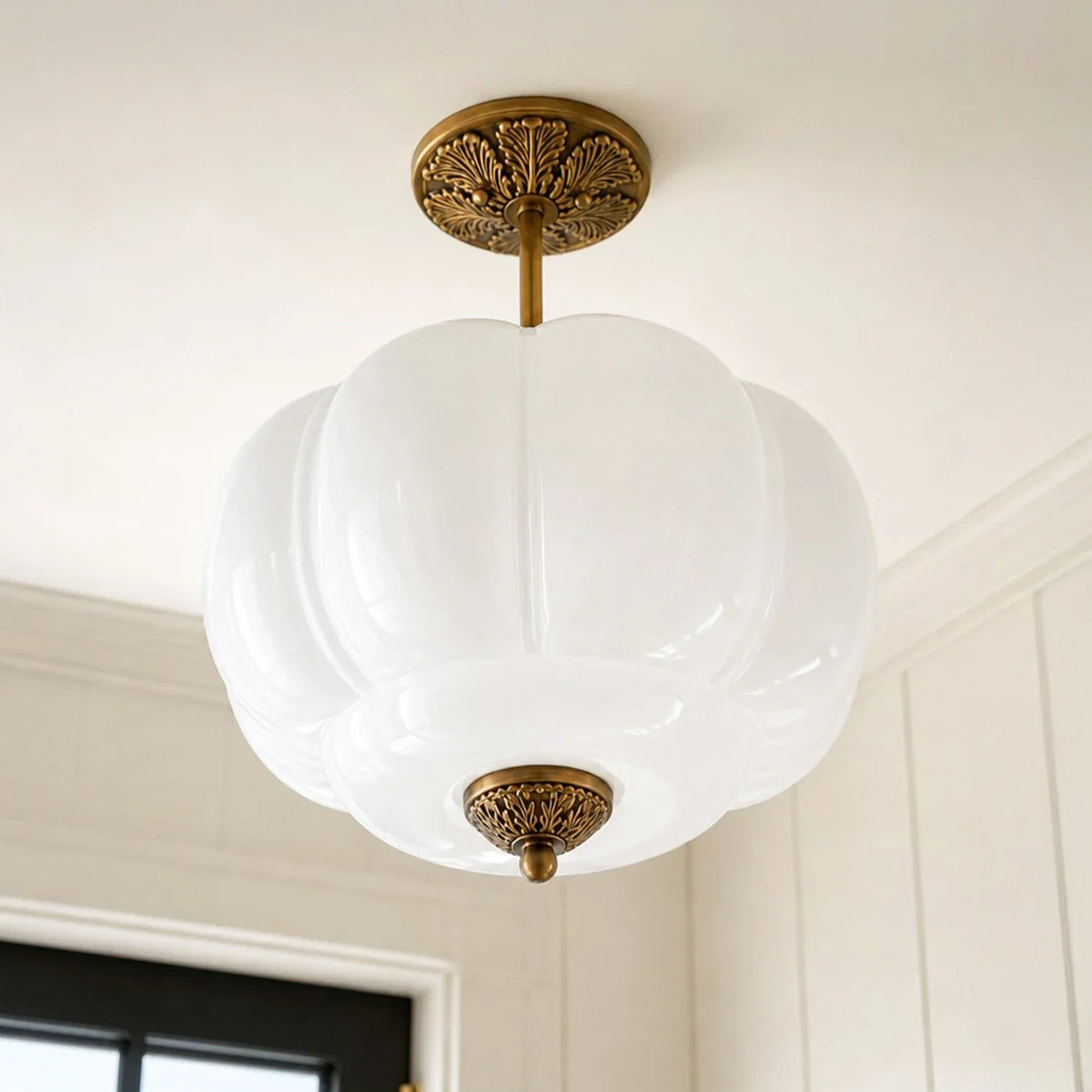 Antique Brass Ceiling Lamp – Green Glass Pumpkin Pendant