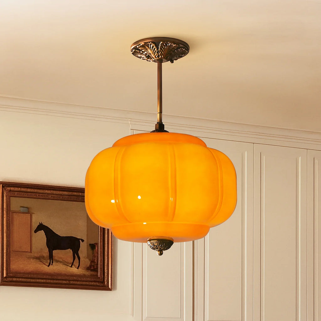 Antique Brass Ceiling Lamp – Green Glass Pumpkin Pendant
