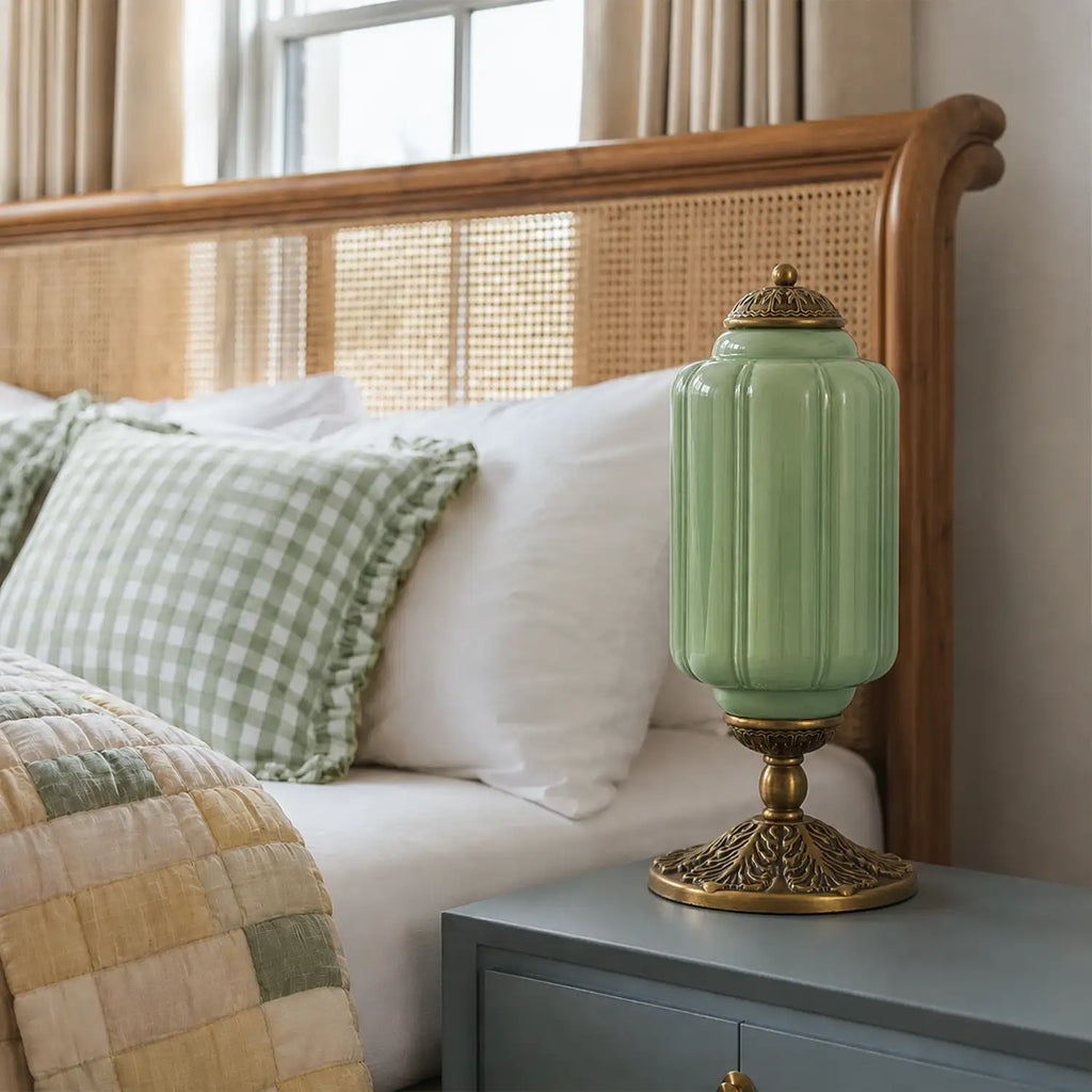 Retro Lamp — Cream-Colored Textured Glass, Brass/Black Frame
