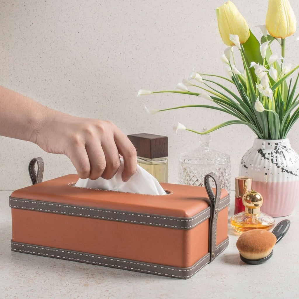 AuroraLane Leather Box Tissue Holder — Luxury Faux Leather Finish, Precision Stitching