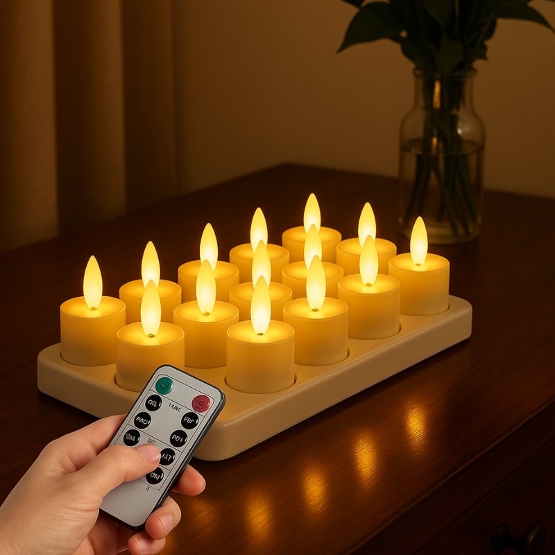 Uppladdningsbara LED-ljus med fladdrande sken — fjärrkontroll och timer