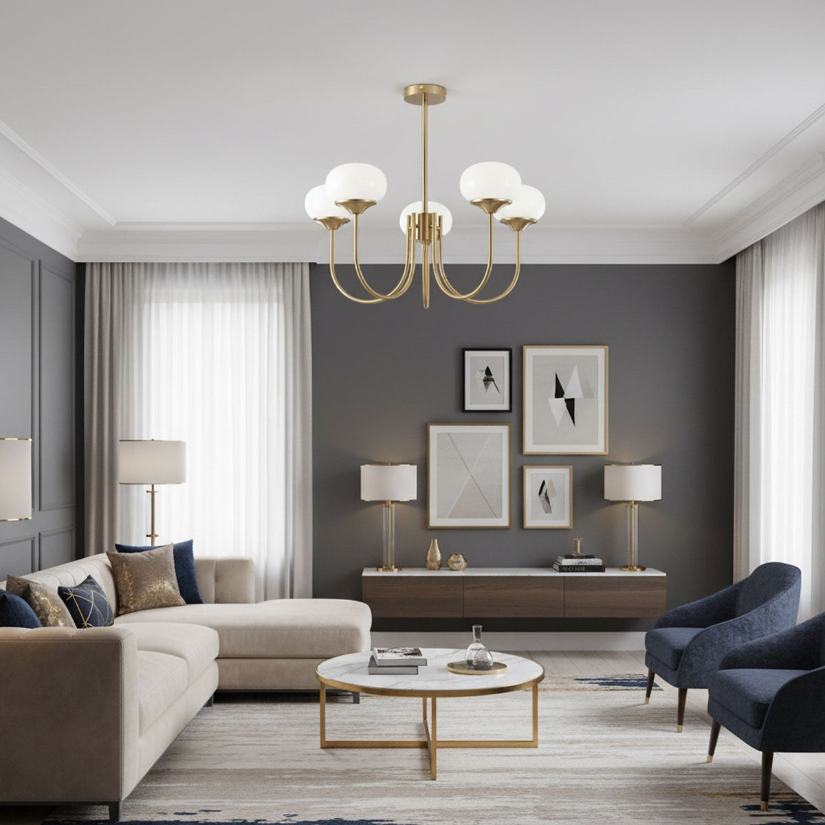 Glazen kroonluchter — 3/5 lampen, frame in goud/chroom