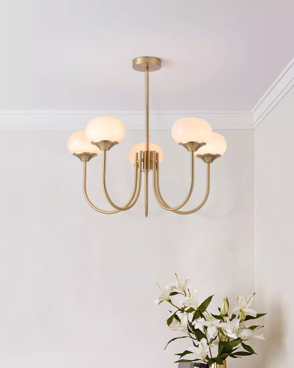 Glazen kroonluchter — 3/5 lampen, frame in goud/chroom