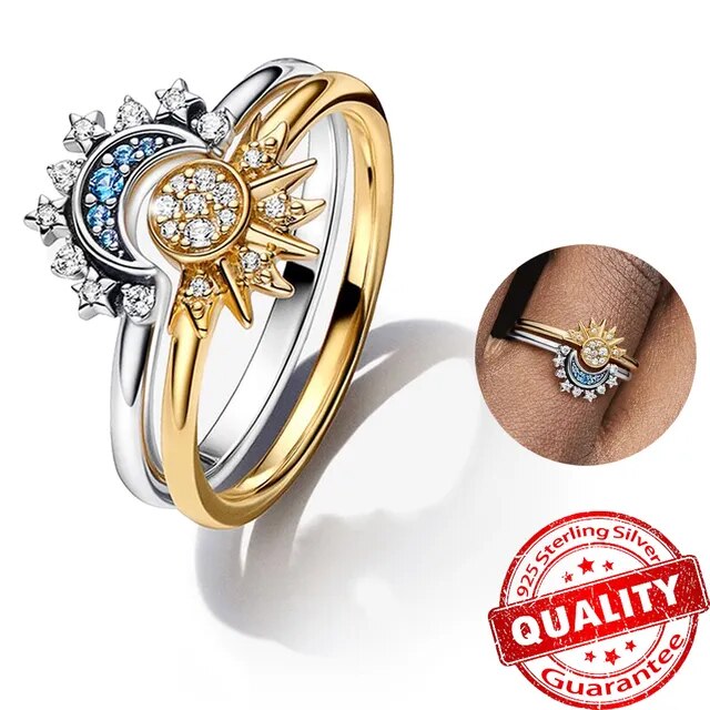 Ringenset met zon en maan — 925 zilver, kristal, verstelbare ringen