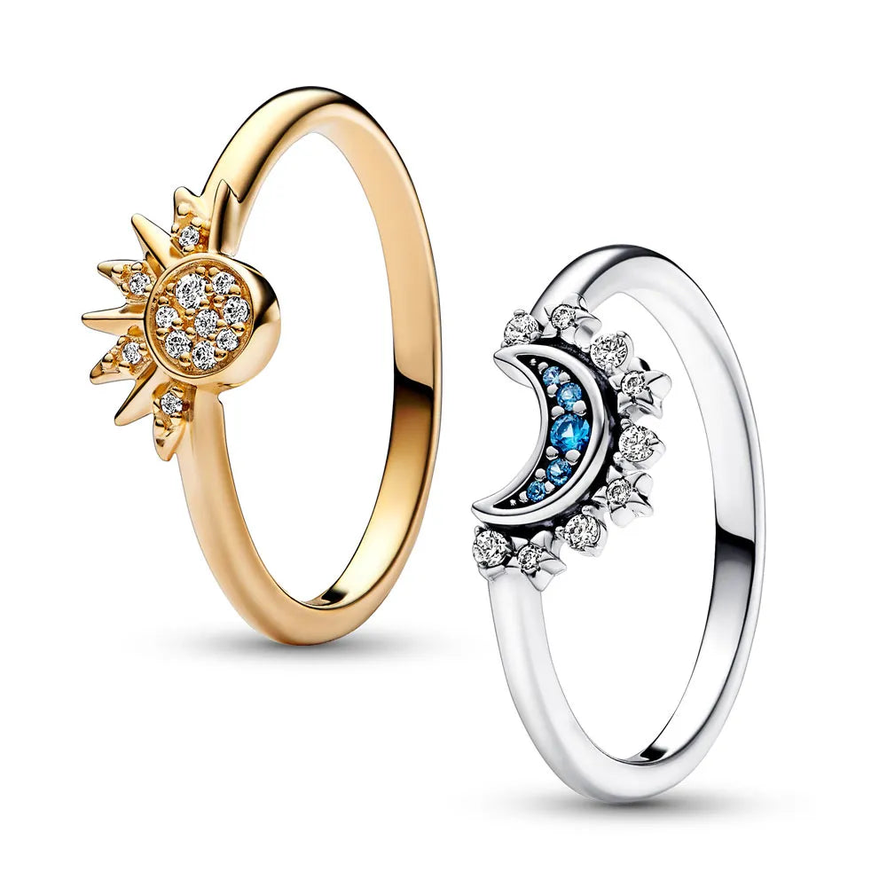 Ringenset met zon en maan — 925 zilver, kristal, verstelbare ringen