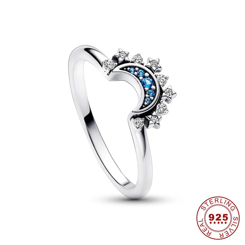 Ringenset met zon en maan — 925 zilver, kristal, verstelbare ringen