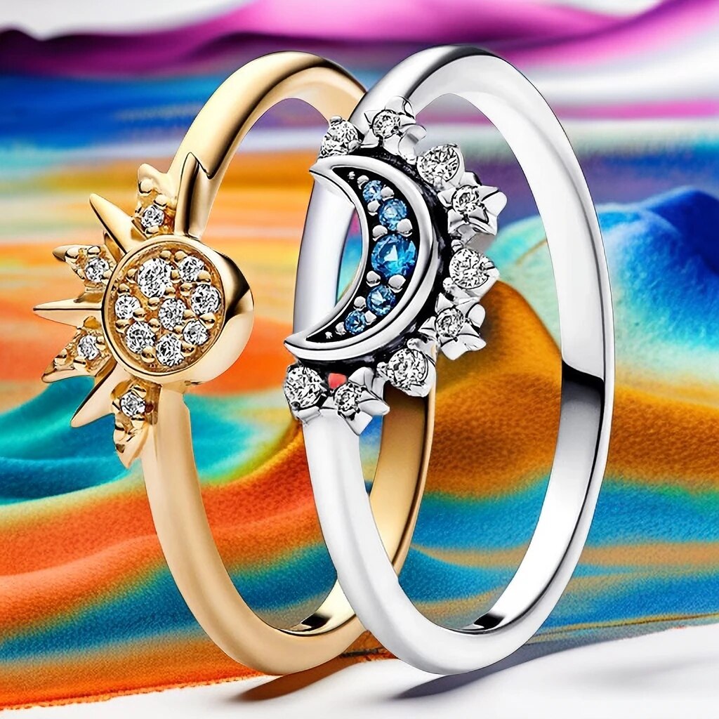 Ringenset met zon en maan — 925 zilver, kristal, verstelbare ringen