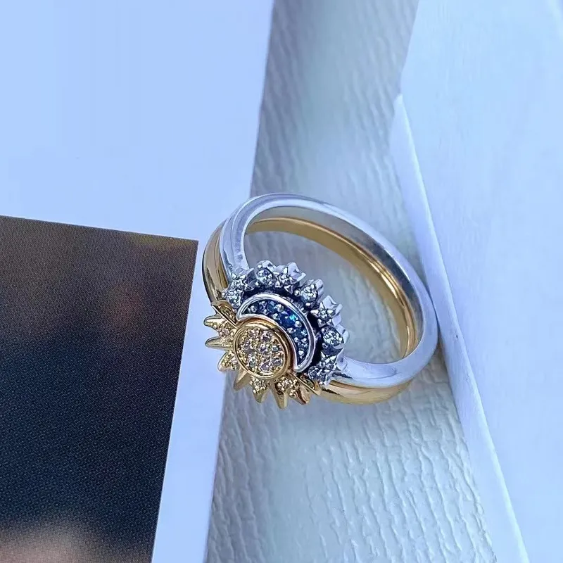 Ringenset met zon en maan — 925 zilver, kristal, verstelbare ringen