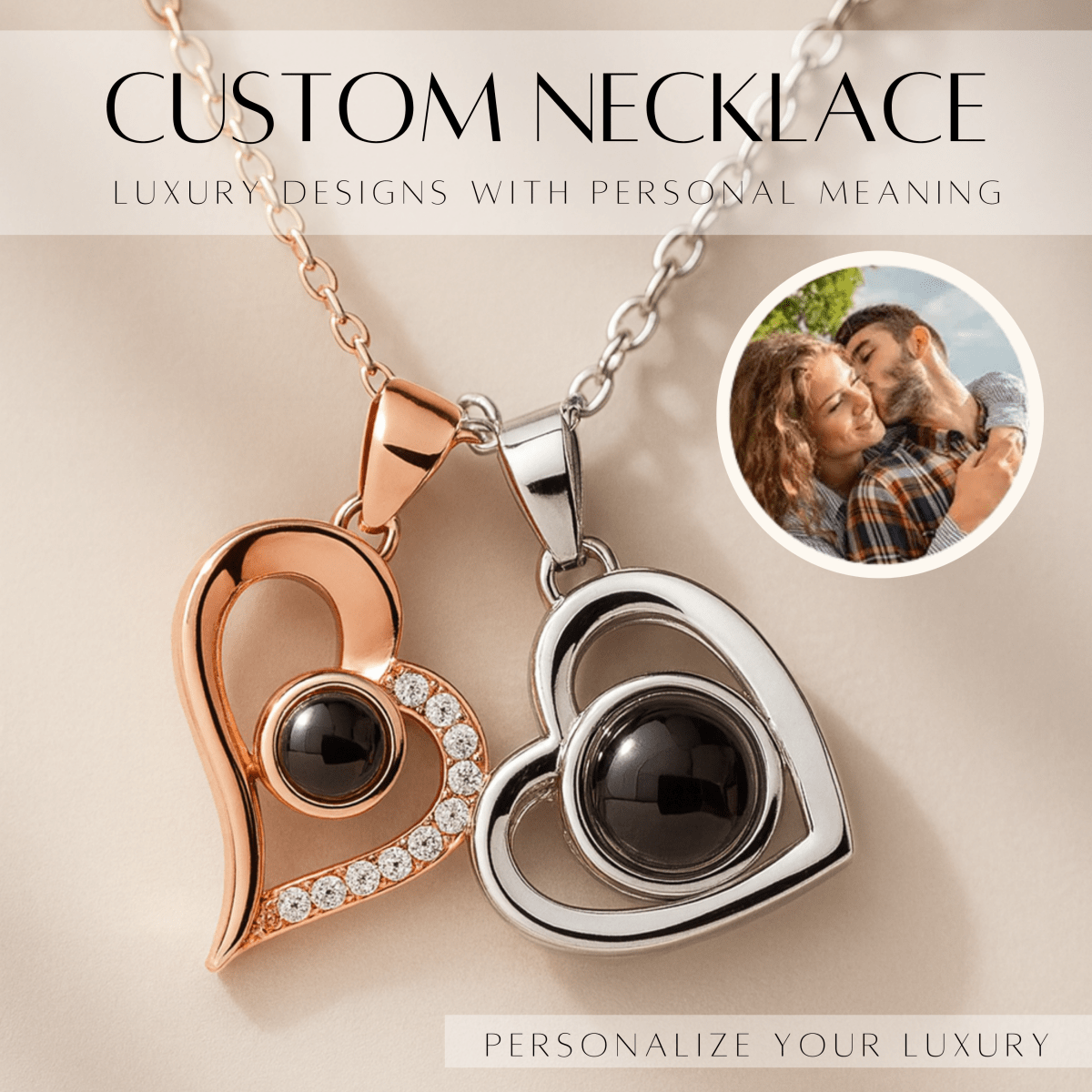 AuroraBond Custom Couple Image Photo Projection Pendant Necklace