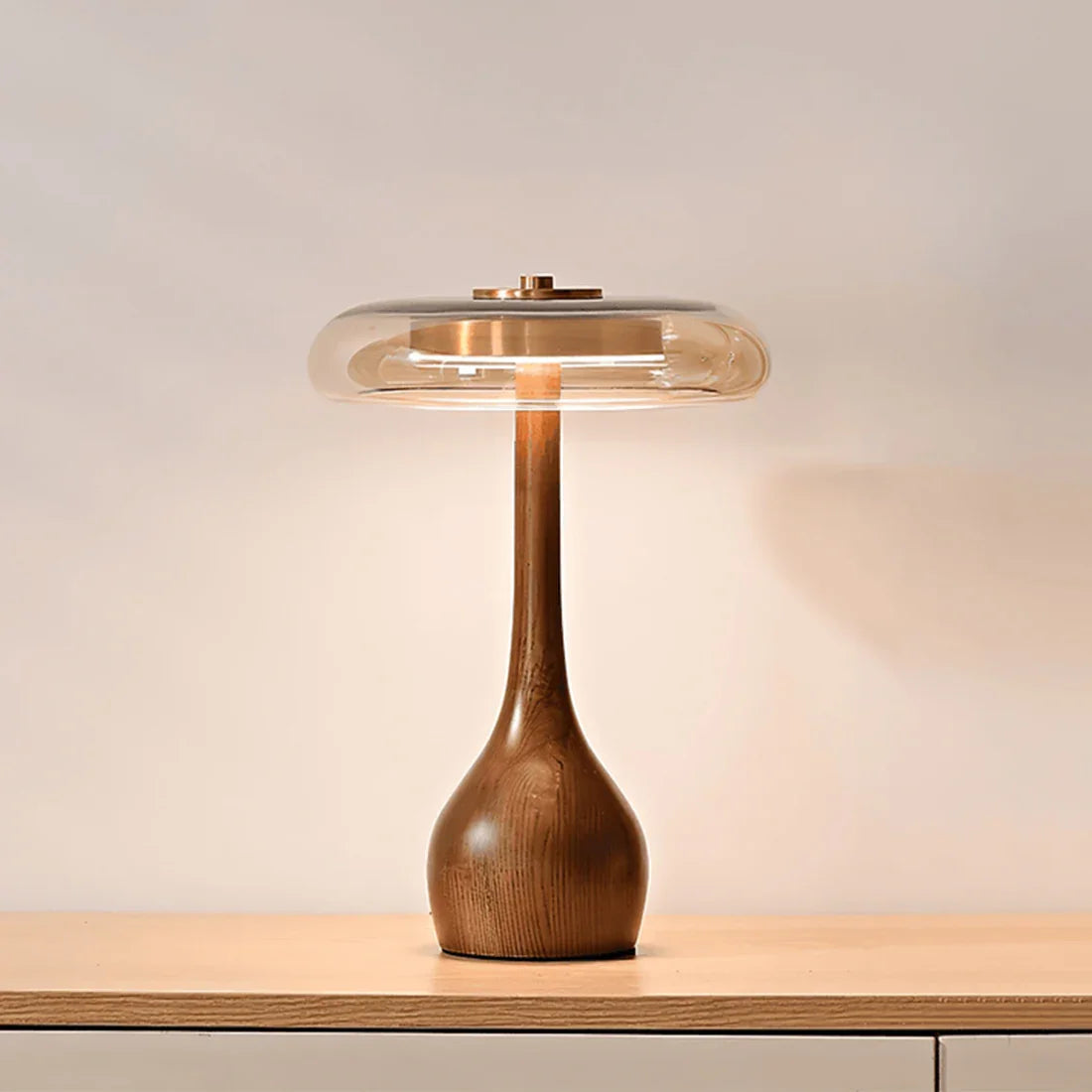 Mid-Century Wood & Glass Disc Table Lamp | wildoxy