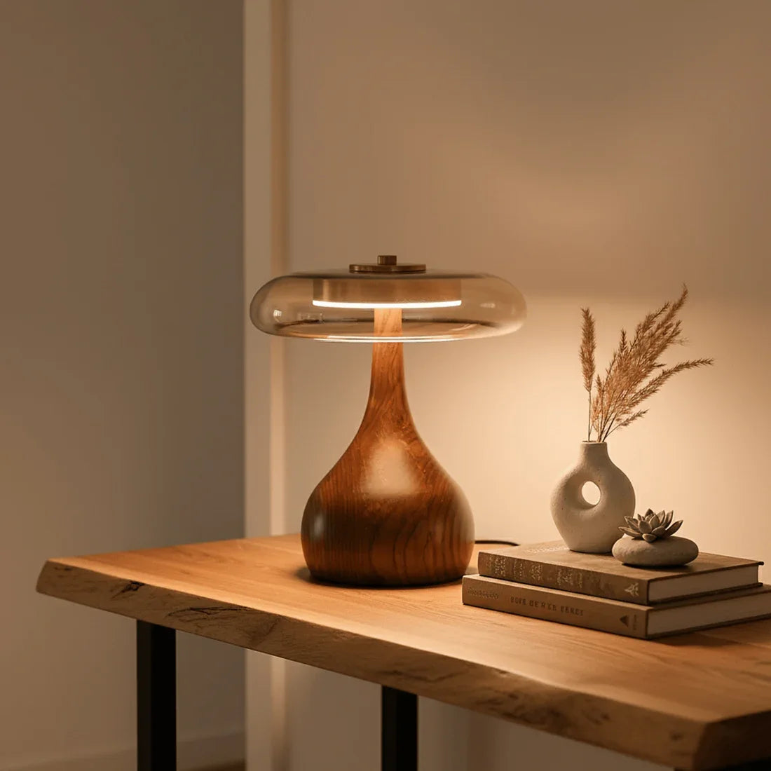 Mid-Century Wood & Glass Disc Table Lamp | wildoxy