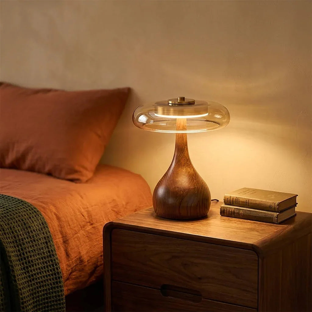 Mid-Century Wood & Glass Disc Table Lamp | wildoxy