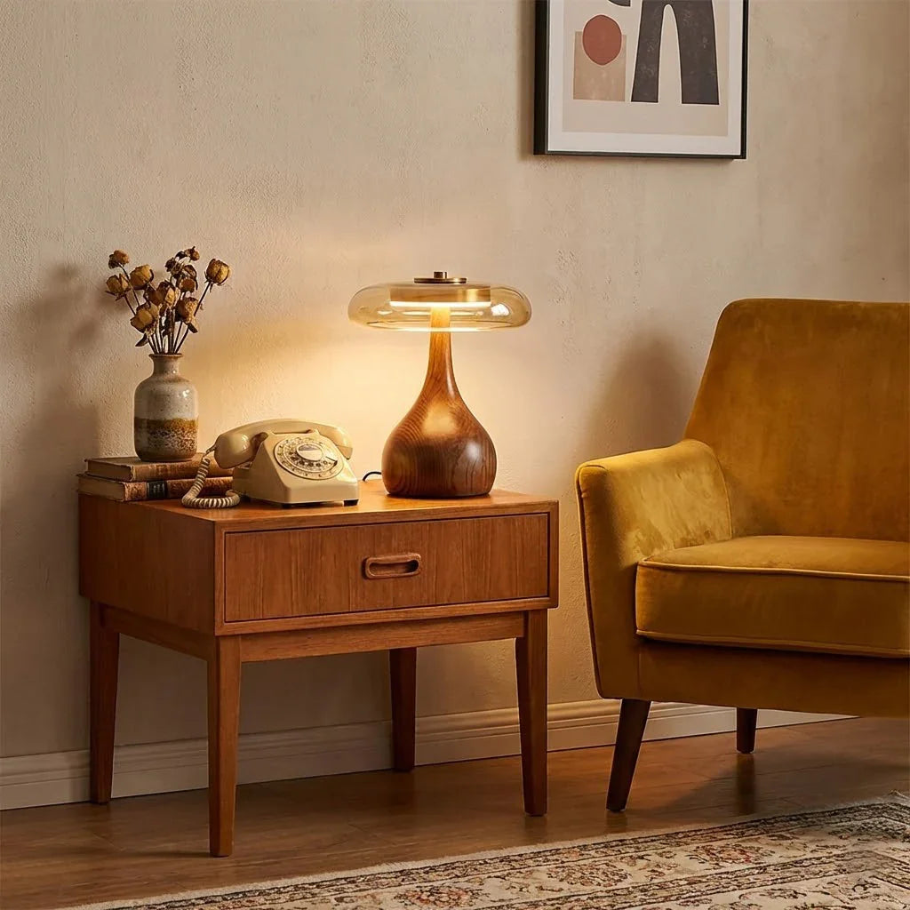 Mid-Century Wood & Glass Disc Table Lamp | wildoxy