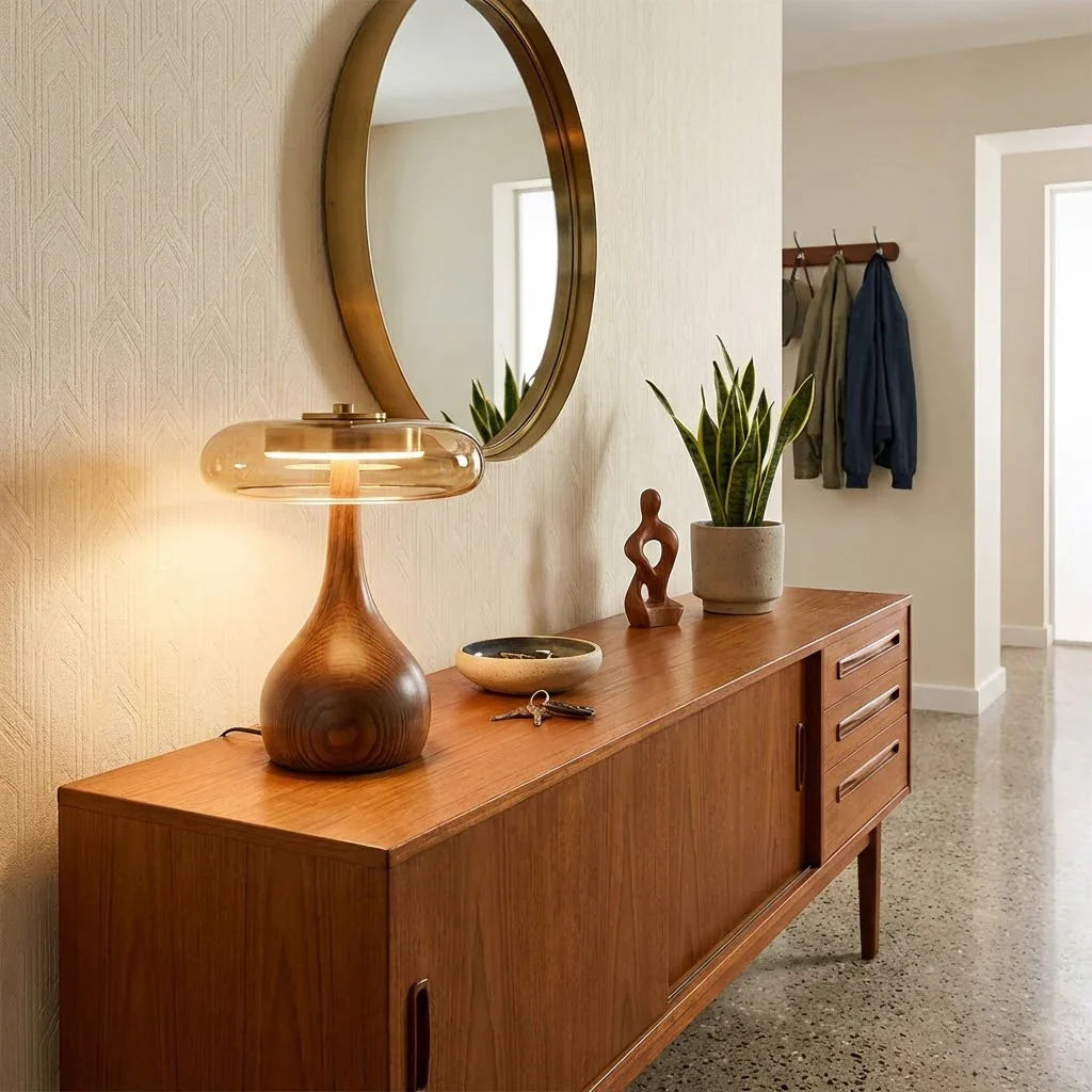 Mid-Century Wood & Glass Disc Table Lamp | wildoxy