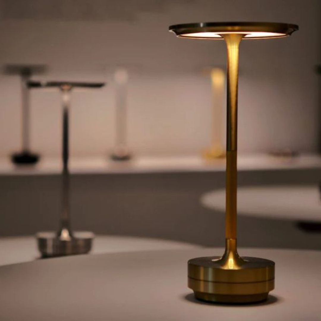 Modern Slim LED Table Lamp — Brass Look, Touch Control, Rechargeable Wireless, Circular Top