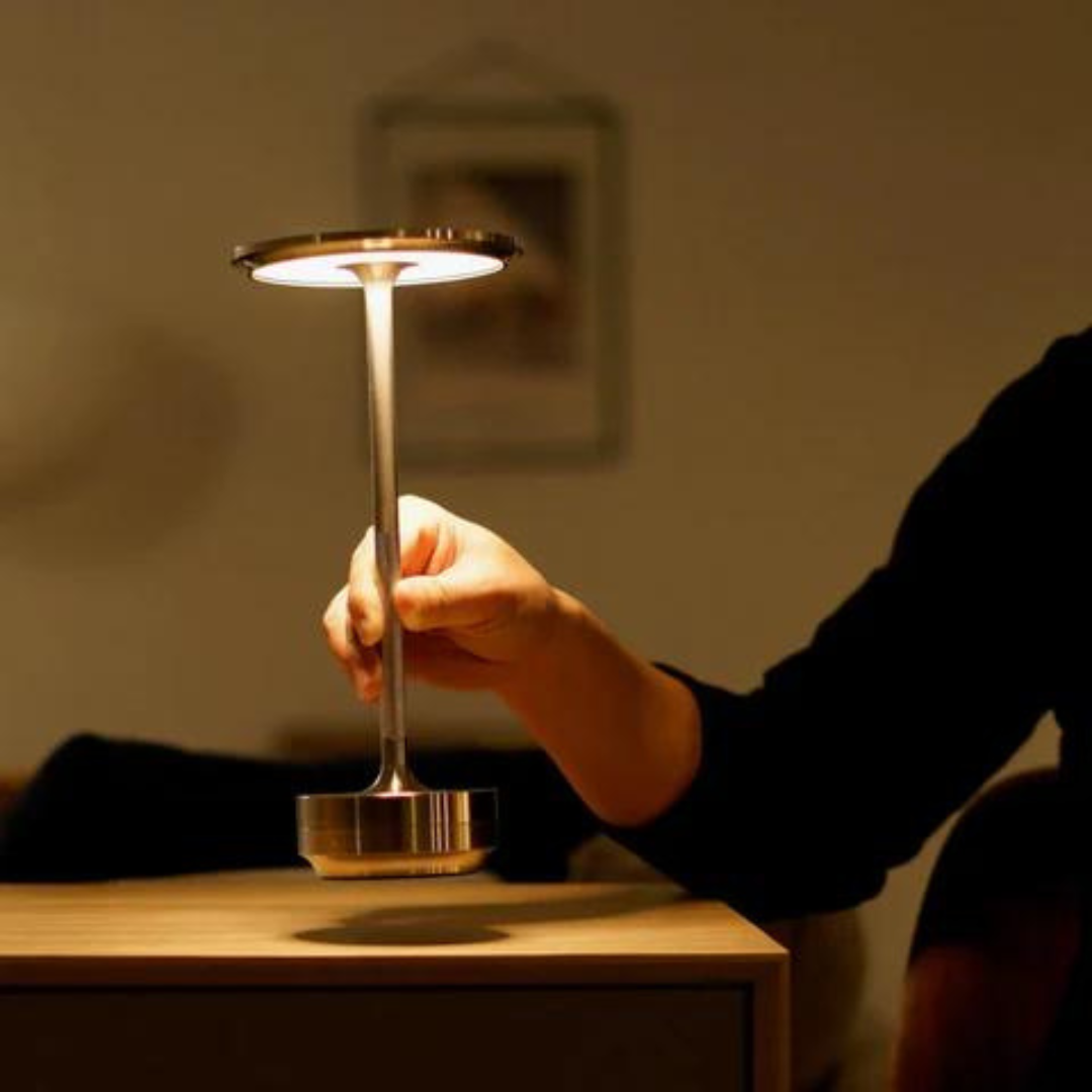 Modern Slim LED Table Lamp — Brass Look, Touch Control, Rechargeable Wireless, Circular Top