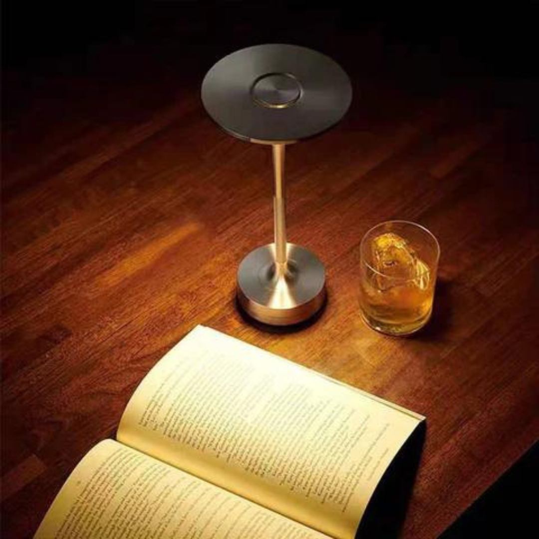 Modern Slim LED Table Lamp — Brass Look, Touch Control, Rechargeable Wireless, Circular Top